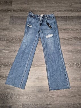 Fashion Nova Light Blue High-Rise Wide Leg Distressed Jeans